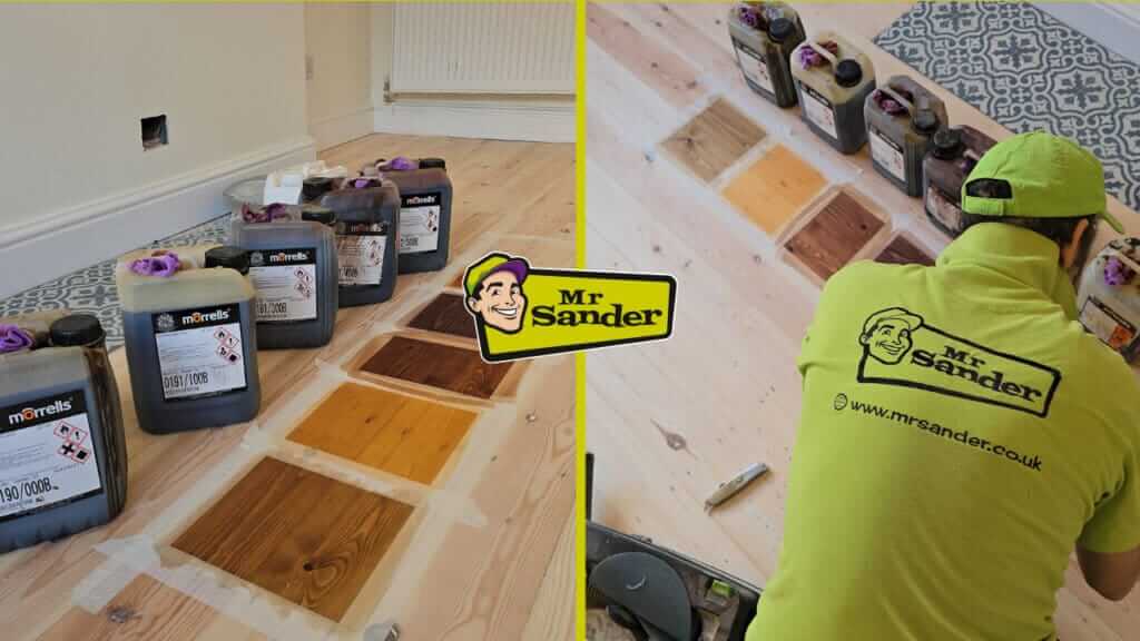 Three wood samples stained with different shades of brown. A checkmark is next to the middle sample.