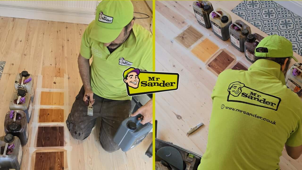 A professional from Mr. Sander is demonstrating wood floor staining options. The left panel shows him applying stain samples to a light wood floor, with bottles of wood stains in the background. The right panel highlights the back of his branded uniform featuring the Mr. Sander logo and website.