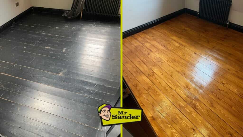A before-and-after image of a floor restoration in Tottenham. The left side shows a room with an old, black-painted wooden floor, which is worn and scratched. The right side displays the same room after the floor has been sanded and refinished, revealing a rich, warm-toned wooden floor with a glossy finish that reflects the natural light from the window. The Mr Sander® logo is present at the bottom center of the image.