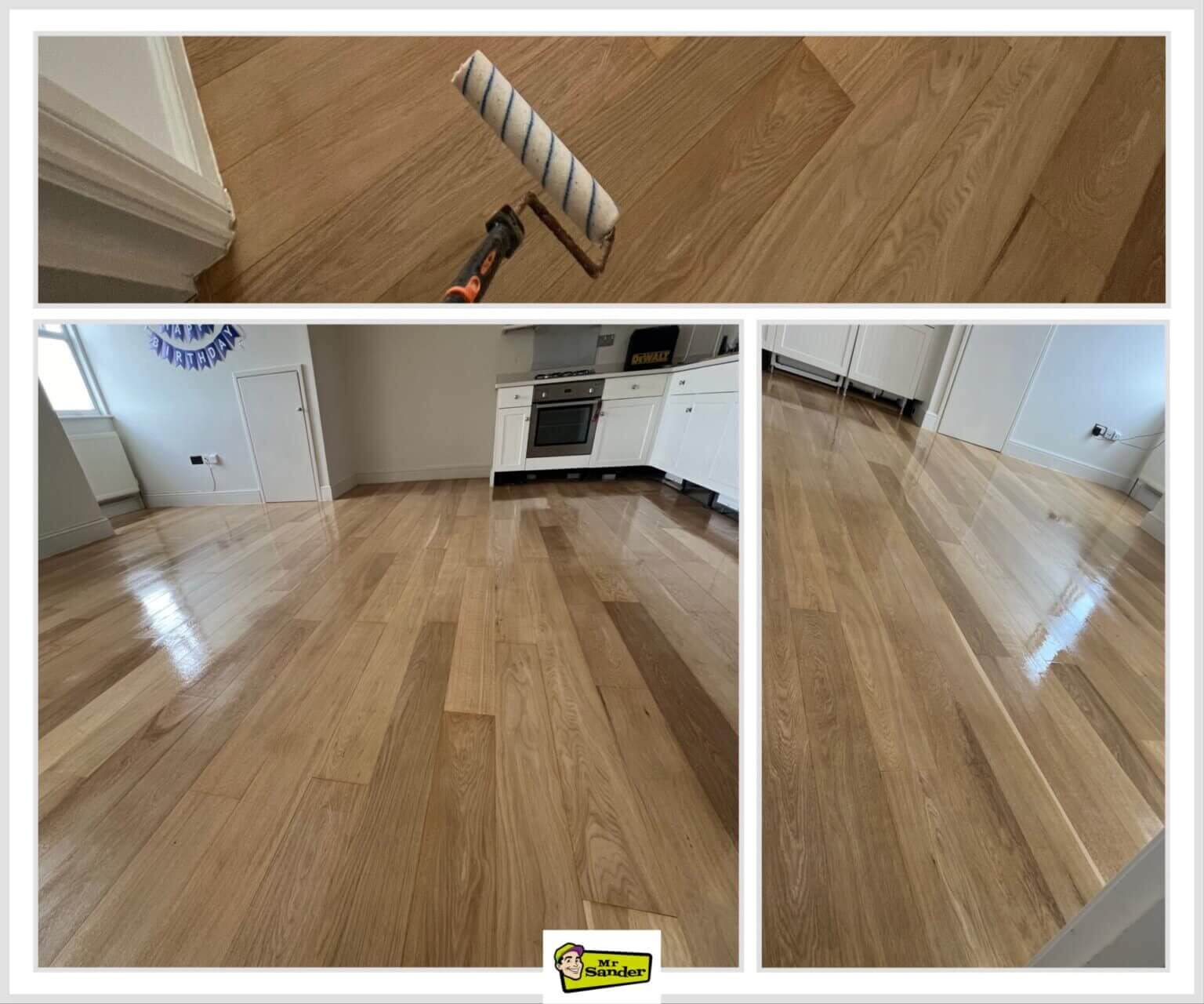 A collage of images featuring a newly finished hardwood floor in a modern kitchen-living area, with a roller applying a protective coat, exemplifying Solid Wood Floor Fitting.