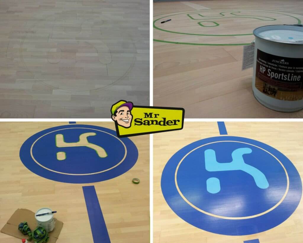 A series of images showing the process of painting a sports logo on a gymnasium floor. The top left image shows the faint outline of the logo on the wooden floor. The top right image shows the logo being outlined with green tape and a can of HP SportsLine paint. The bottom left image shows the first layer of blue paint applied. The bottom right image displays the finished logo, a blue circle with a stylized "K" in the center, completed with precision.