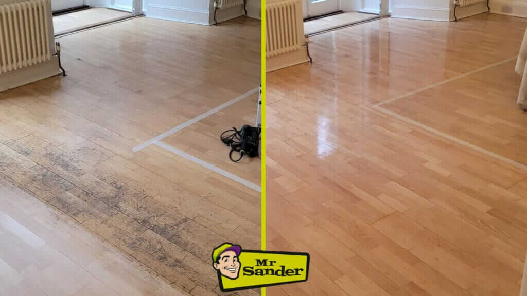 A split image showing the before and after of a wooden floor refinishing process. The left side depicts a worn and dirty floor with visible scuff marks, while the right side showcases the same floor after sanding and refinishing, now smooth and shiny. The Mr Sander® logo is positioned at the bottom center, indicating the professional work done.