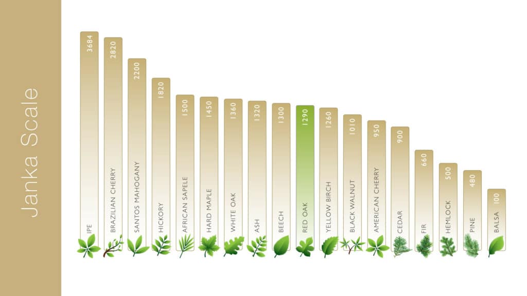 A bar chart representing the Janka hardness scale for various wood types. It ranges from Ipe at the hardest with a rating of 3684 to Balsa at the softest with a rating of 100. The chart includes Brazilian Cherry, Santos Mahogany, Hickory, African Sapele, Hard Maple, White Oak, Beech, Red Oak, Yellow Birch, Black Walnut, American Cherry, Cedar, Fir, Hemlock, and Pine.