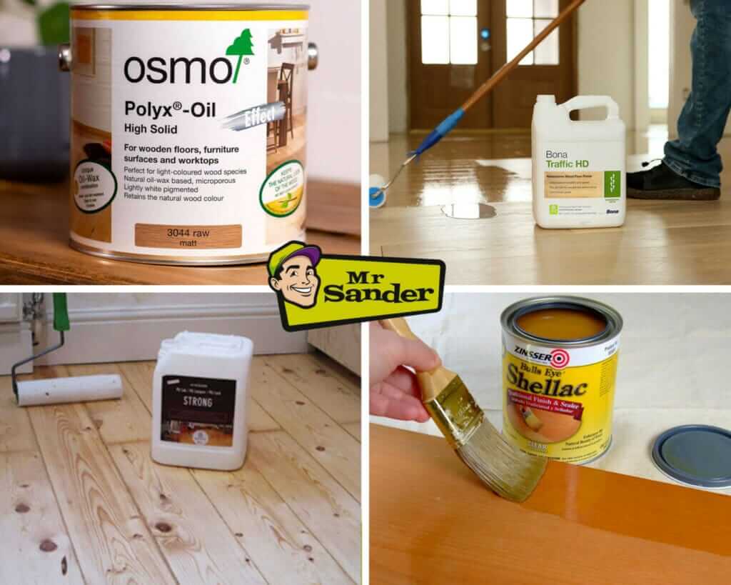 A collage of four images showcasing floor sanding and refinishing products used by Mr Sander®. The top left image displays a can of Osmo Polyx-Oil. The top right image shows a person applying Bona Traffic HD with a mop. The bottom left image features a container of Pallmann Magic Oil 2K Strong next to a roller. The bottom right image displays a hand applying Zinsser Bulls Eye Shellac with a brush. The Mr Sander® logo is prominently featured in the center.