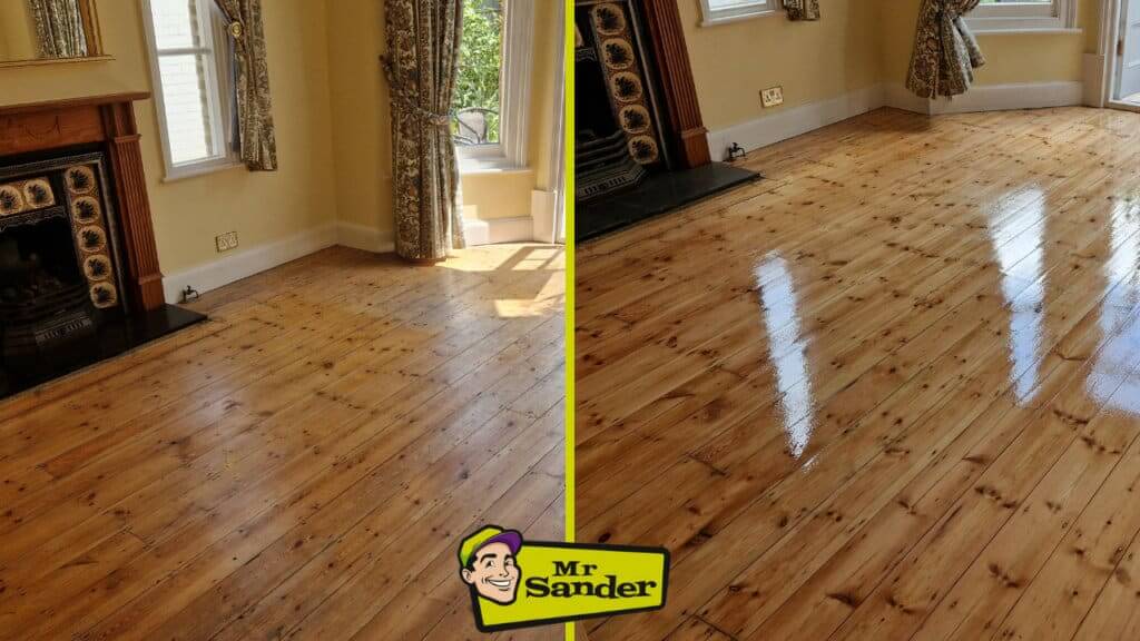 Before and after images of a restored wooden floor in a room with a decorative fireplace, located in Upper Holloway.