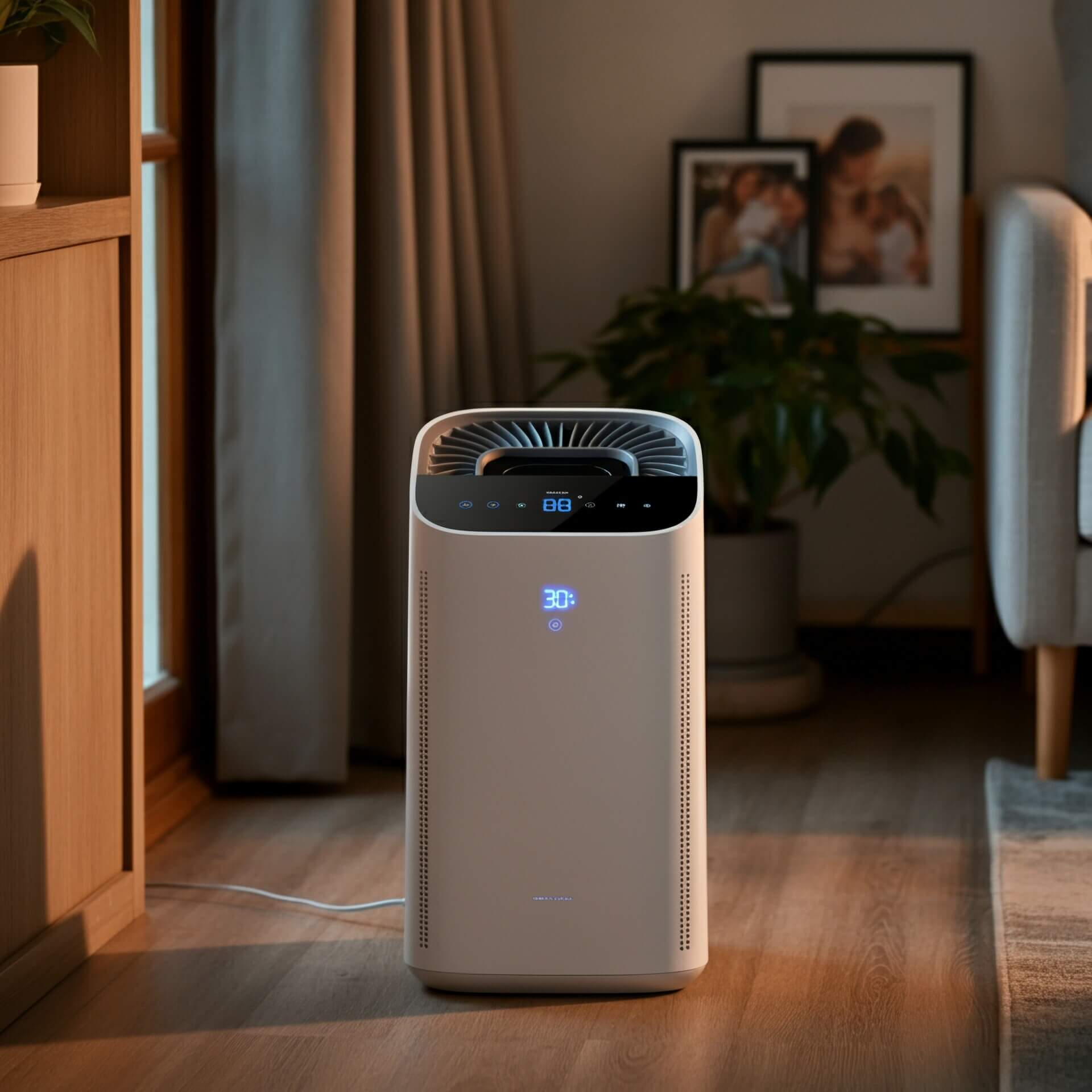 A modern, white air purifier with a digital display running in a living room to help reduce odors and airborne irritants during the 24-hour drying period after refinishing wood floors.