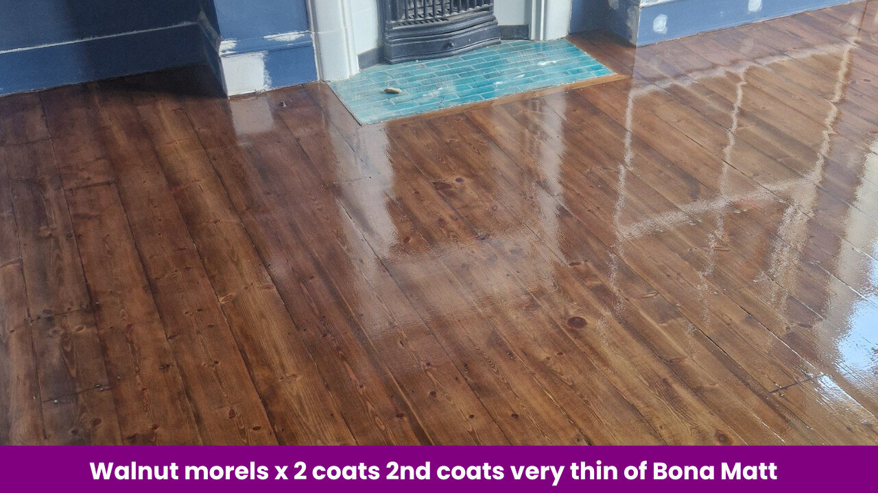 Walnut-stained pine floorboards shimmering under natural light after expert Floor Sanding and Matte Finishes—two walnut coats plus a very thin layer of Bona Matt applied by Mr Sander®.