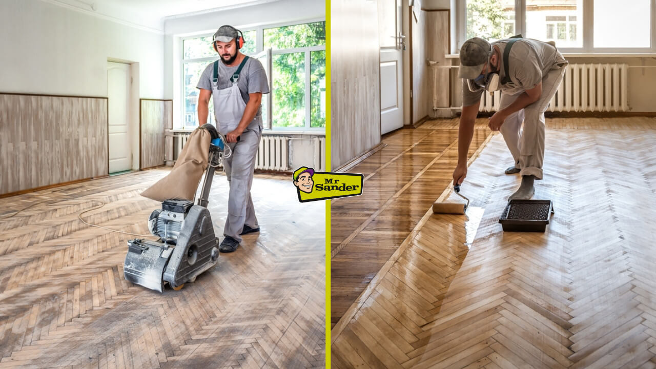 Professional floor refinishers sanding and applying a protective coat to a hardwood floor, illustrating the key steps during the first 24 hours after refinishing.