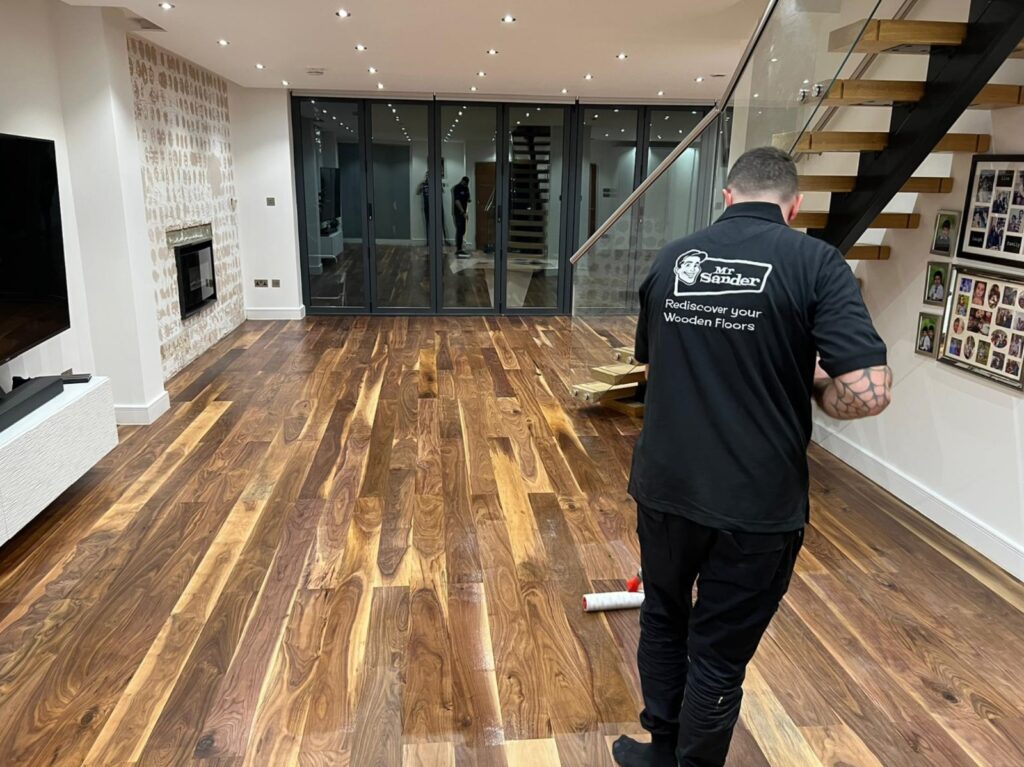 Detailed view of a beautifully refinished wooden floor by Mr Sander®, showcasing the high-quality craftsmanship of Floor Sanding London services.