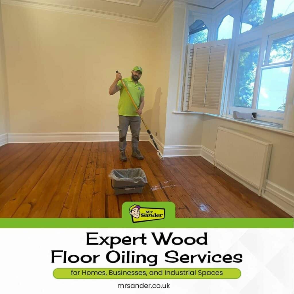 A person in a green shirt and cap is oiling a wooden floor, with text advertising ‘Expert Wood Floor Oiling Services’ by Mr. Sander below.