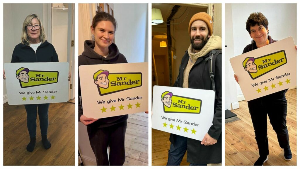Four cheerful customers holding up signs with the Mr. Sander logo and the text 'We give Mr. Sander 5 stars', showing their satisfaction with the service provided.