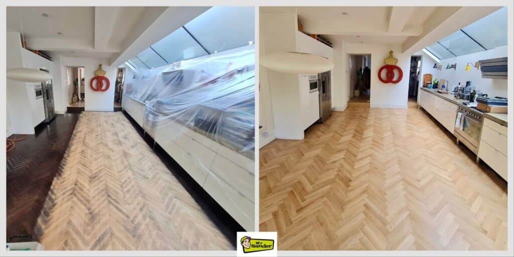 A side-by-side comparison of a herringbone parquet kitchen floor before and after restoration. The left side shows the herringbone parquet floor in a worn and dusty state, while the right side displays the floor restored to a smooth, polished finish. A Mr Sander® logo is visible at the bottom center of the image.
