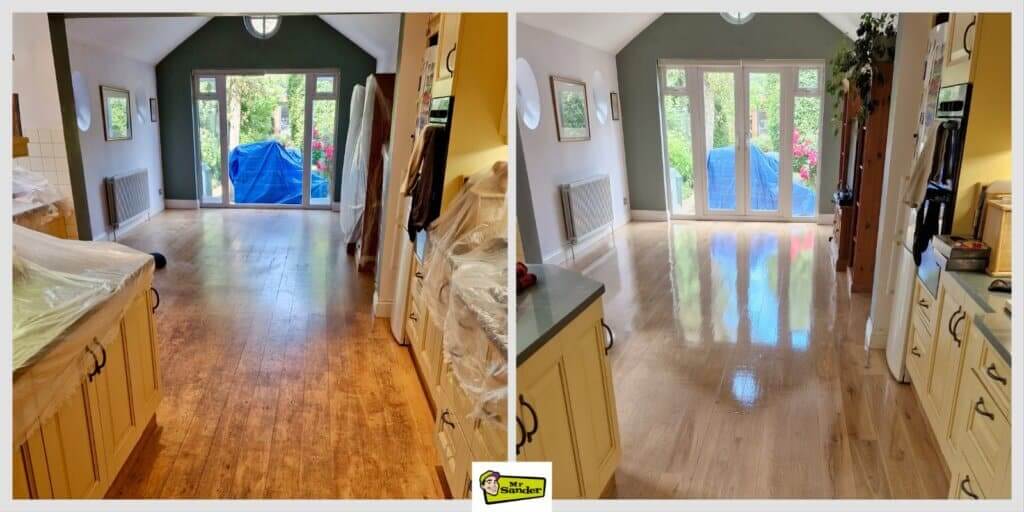 A side-by-side comparison of an oak kitchen floor before and after restoration. The left side shows the oak floor in a worn and dull state, while the right side displays the floor restored to a smooth, shiny finish. A Mr Sander® logo is visible at the bottom center of the image.