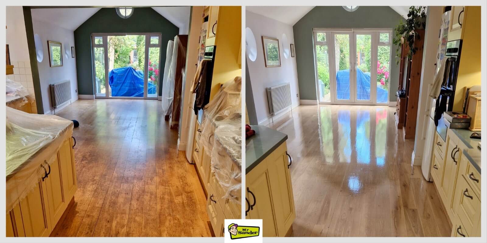 A side-by-side comparison of an oak kitchen floor before and after restoration. The left side shows the oak floor in a worn and dull state, while the right side displays the floor restored to a smooth, shiny finish. A Mr Sander® logo is visible at the bottom center of the image.