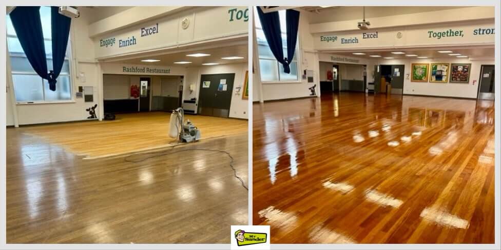 A side-by-side comparison of a maple gymnasium floor before and after restoration. The left side shows the maple gym floor in a worn state with sanding equipment in use, while the right side displays the floor restored to a smooth, shiny finish. A Mr Sander® logo is visible at the bottom center of the image.