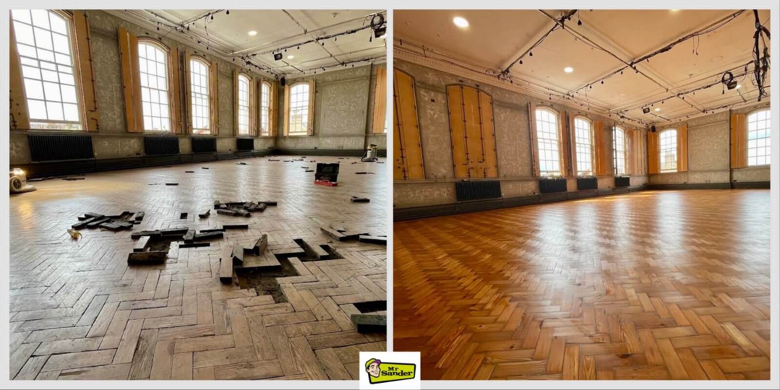 A side-by-side comparison of a herringbone parquet floor before and after restoration. The left side shows the parquet floor with missing and damaged pieces, while the right side displays the floor fully restored to a smooth, polished finish. A Mr Sander® logo is visible at the bottom center of the image.