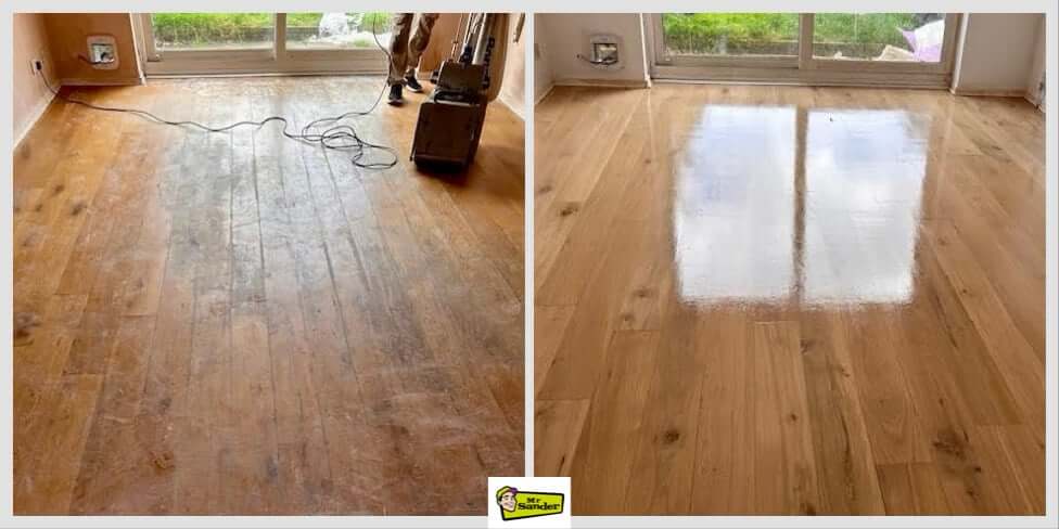 A side-by-side comparison of a wooden oak floor before and after restoration. The left side shows the oak floor in a worn and dusty state, while the right side displays the oak floor restored to a smooth, shiny finish. A Mr Sander® logo is visible at the bottom center of the image.