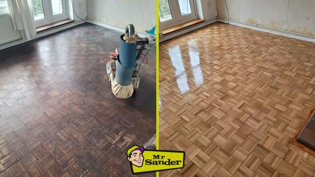 A before-and-after image showcasing the remarkable transformation of a parquet floor in Heathrow, UK, by Mr Sander®. The left side depicts the worn, darkened floor prior to restoration, while the right side reveals the beautifully sanded and refinished floor, gleaming with a polished, natural wood finish. The image emphasizes the dramatic improvement achieved through professional floor sanding and refinishing services.