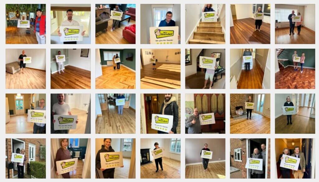 A collage of happy customers across the UK holding signs with the Mr Sander® logo, standing on beautifully restored wooden floors. Each image showcases different rooms and flooring styles, emphasizing the satisfaction and quality of Mr Sander®'s floor restoration services.