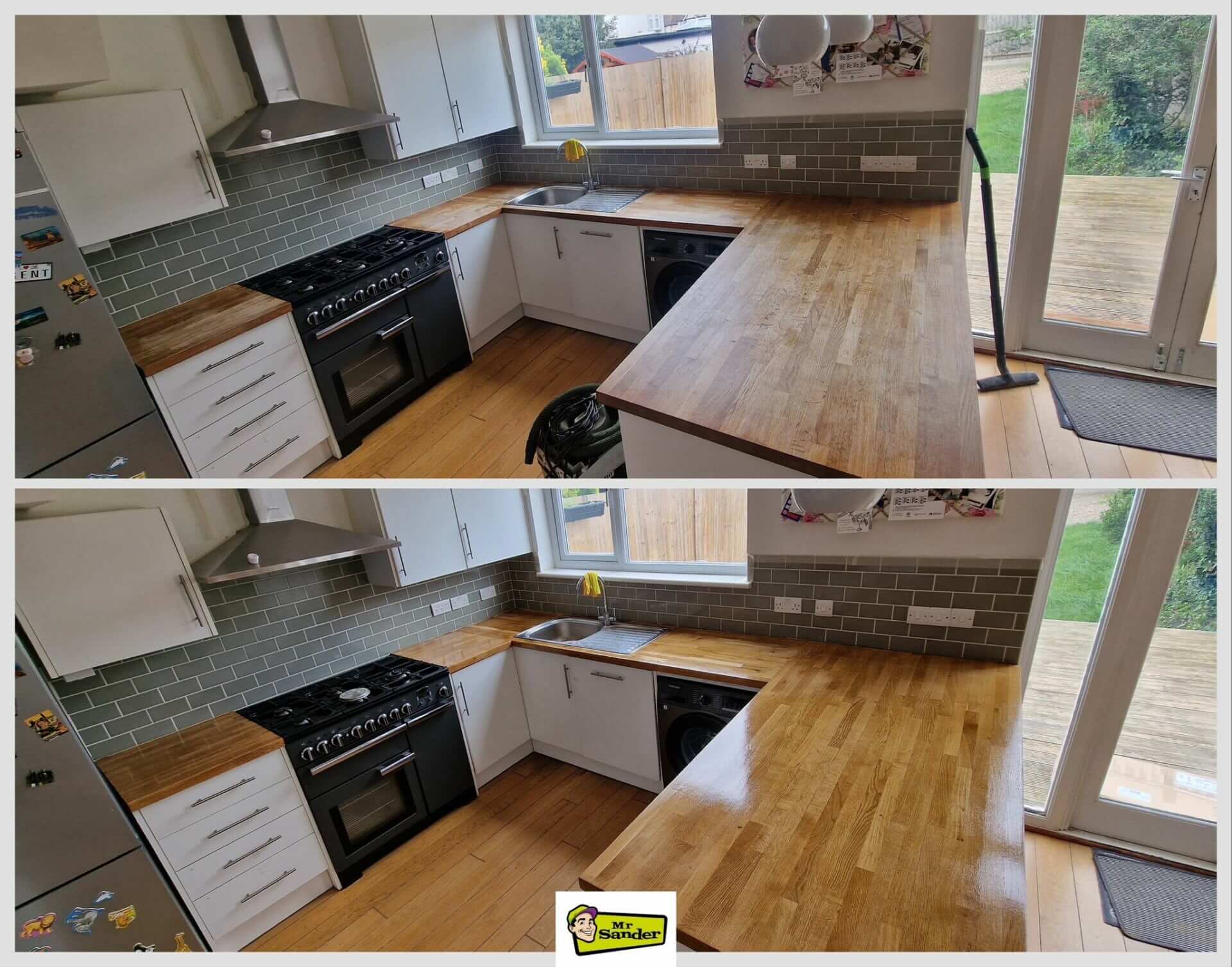 Two images showing the before and after of a kitchen worktop restored by Mr Sander UK. The top image depicts the worn and faded worktop, while the bottom image displays the same worktop after professional sanding and refinishing, revealing a smooth and polished surface. Services available in London and across the UK.