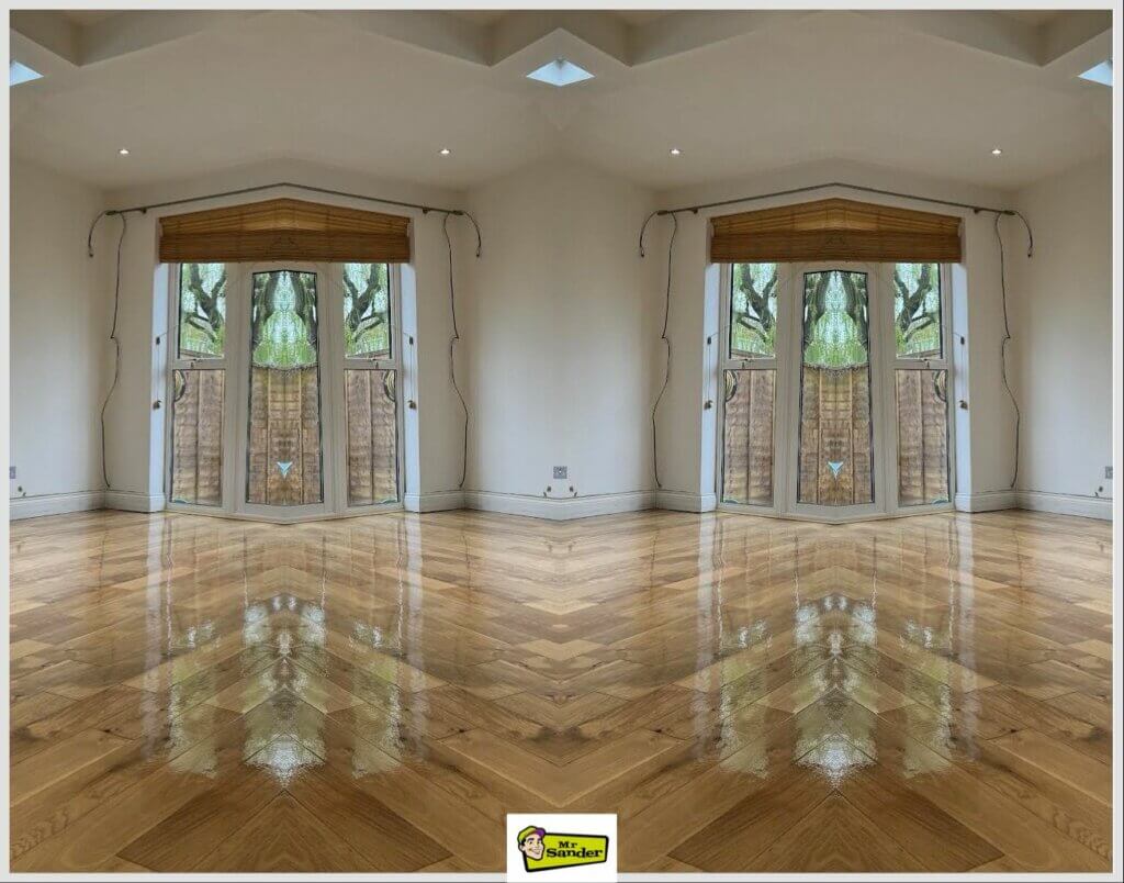 A beautifully restored parquet floor by Mr Sander® gleams under the natural light coming through a large window with wooden blinds. The pristine finish highlights the intricate pattern and quality of the parquet flooring, demonstrating the excellence of professional restoration services.