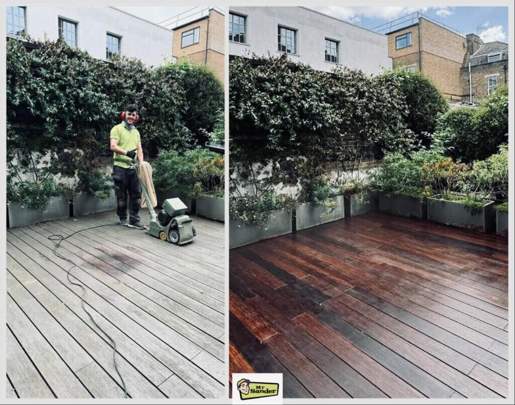 Before and after images of a wooden deck refinishing project by Mr Sander® in Chinatown, UK. The left side shows the deck being sanded by a worker, and the right side showcases the beautifully restored and dark-stained deck.