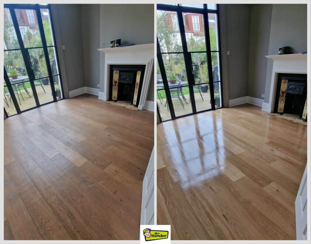 A two-part image showing the before and after stages of a living room floor sanding and refinishing project by Mr Sander®. The left part shows a dull, worn wooden floor in a room with a large window, a fireplace, and grey walls. The right part shows the same room with the floor beautifully sanded and refinished to a smooth, glossy finish, reflecting the natural light coming through the large window and the room’s elegant fireplace.