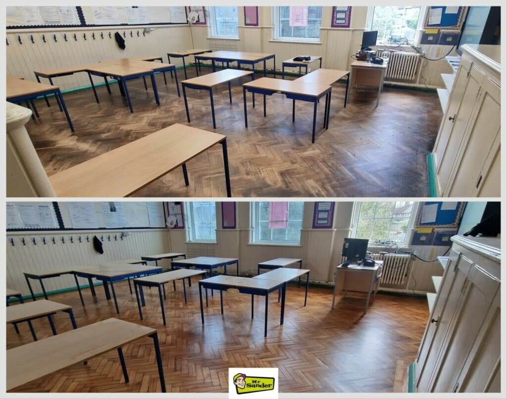 A two-part image showing the before and after stages of a classroom floor sanding and refinishing project by Mr Sander®. The top part shows the classroom with a dark, worn herringbone wooden floor, surrounded by desks and chairs. The bottom part reveals the same classroom with the floor beautifully sanded and refinished to a light, glossy finish, enhancing the room's brightness and cleanliness. The classroom is decorated with educational posters and a teacher's desk near the window.
