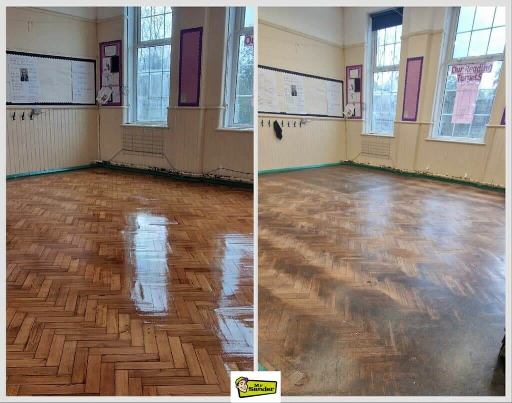 A two-part image showing the before and after stages of a classroom floor sanding and refinishing project by Mr Sander®. The left part shows the classroom after refinishing, with a smooth, glossy herringbone wooden floor reflecting the natural light from large windows. The right part shows the same classroom before refinishing, with a dark, worn, and scratched herringbone wooden floor. The walls are decorated with educational posters and bulletin boards.