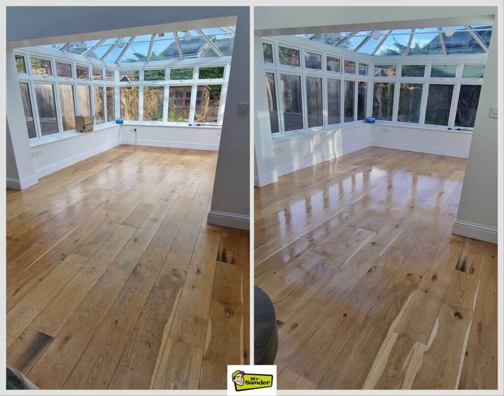 A two-part image showing the before and after stages of a floor sanding and refinishing project in a bright sunroom by Mr Sander®. The left part shows the sunroom with a dull, worn wooden floor. The right part shows the same sunroom with the floor beautifully sanded and refinished to a smooth, glossy finish, reflecting the abundant natural light from the large windows and glass ceiling.