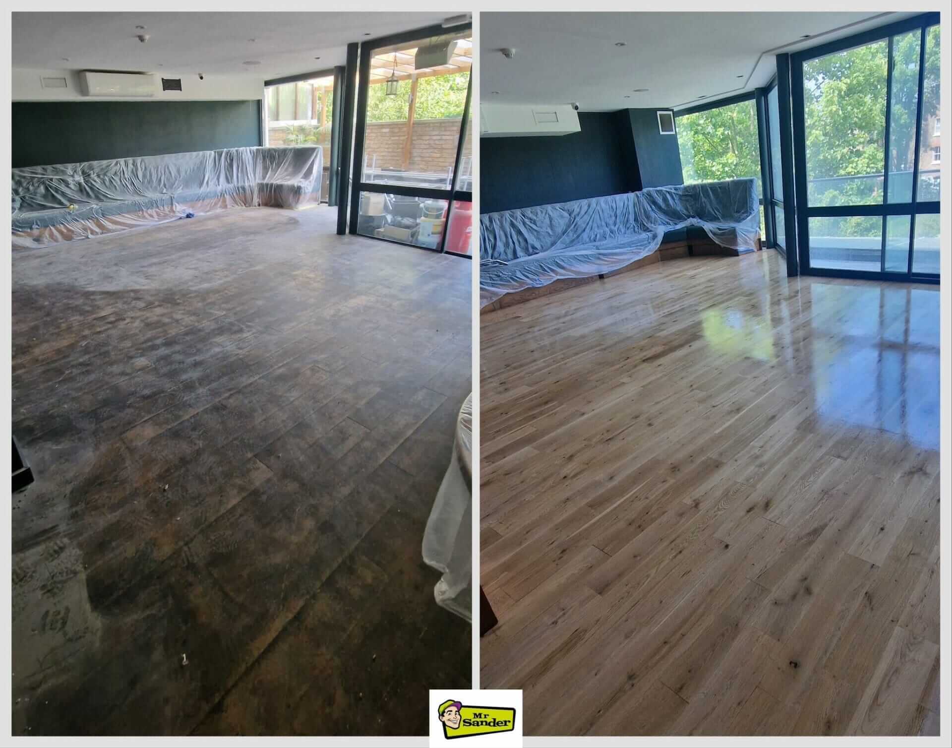 A two-part image showing the before and after stages of an indoor floor sanding and refinishing project by Mr Sander®. The left part shows a worn-out and dusty wooden floor in a room with large windows and furniture covered in protective plastic sheets. The right part reveals the same room with the floor beautifully sanded and refinished to a smooth, glossy, and natural wood appearance, with reflections of the outdoor greenery visible through the large windows.