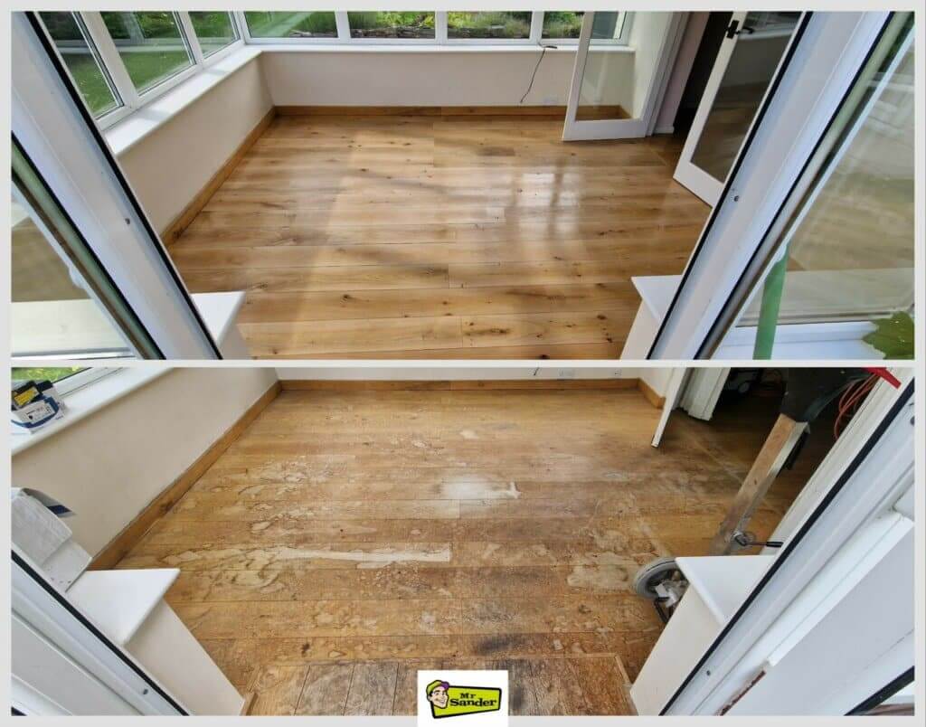 A two-part image showing the before and after stages of a floor sanding and refinishing project in a bright, enclosed sunroom by Mr Sander®. The top part shows the room after refinishing, with a smooth, glossy wooden floor reflecting the natural light from large surrounding windows. The bottom part shows the room before refinishing, with a worn, scratched, and dull wooden floor.