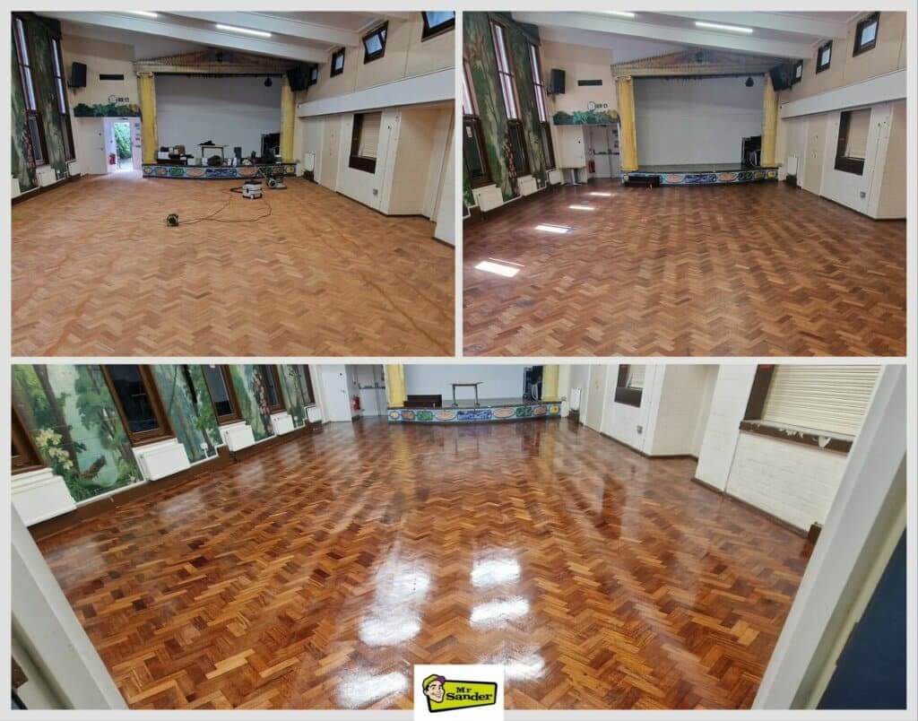 A three-part image showing the before and after stages of a large hall floor sanding and refinishing project by Mr Sander®. The top left part shows the hall with a dull, unfinished wooden floor and sanding equipment in place. The top right part shows the hall with the floor sanded and partially finished, revealing the natural wood pattern. The bottom part shows the fully refinished floor, now glossy, smooth, and reflecting the hall's lights and painted murals on the walls.