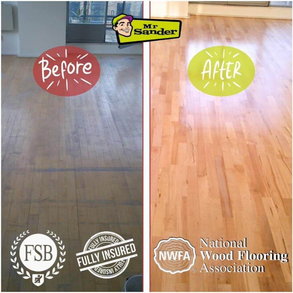 Before and after comparison of a maple wooden floor in Farnborough, UK, showing the results of floor sanding and refinishing by Mr. Sander®.