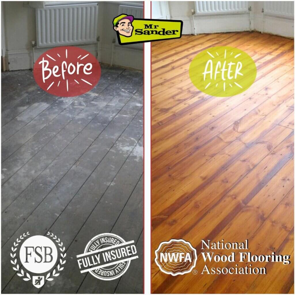 Before and after comparison of a pine wooden floor in Hanwell, UK, showing the results of floor sanding and refinishing by Mr. Sander®.