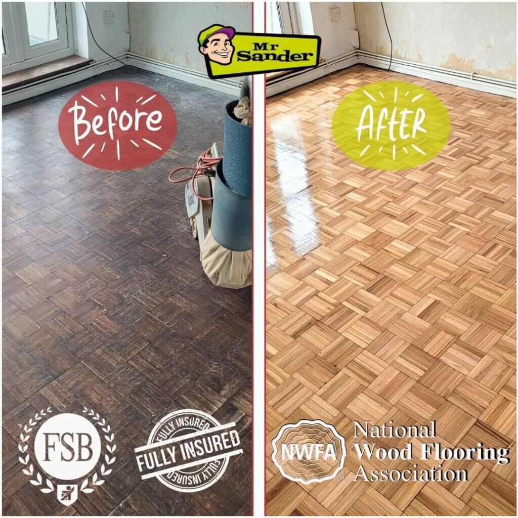Before and after comparison of a parquet wooden floor in Honor Oak, UK, showing the results of floor sanding and refinishing by Mr. Sander®.
