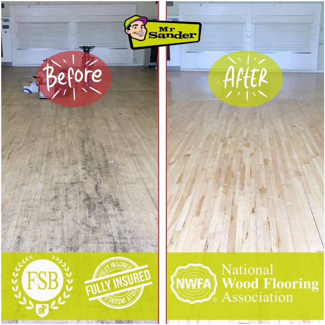 Before and after comparison of a maple wooden floor in Hainault, UK, showing the results of floor sanding and refinishing by Mr. Sander®.