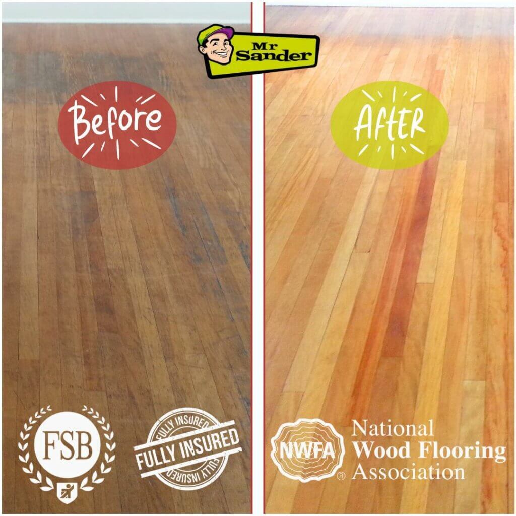Before and after comparison of a maple wooden floor in Finsbury Park, UK, showing the results of floor sanding and refinishing by Mr. Sander®.