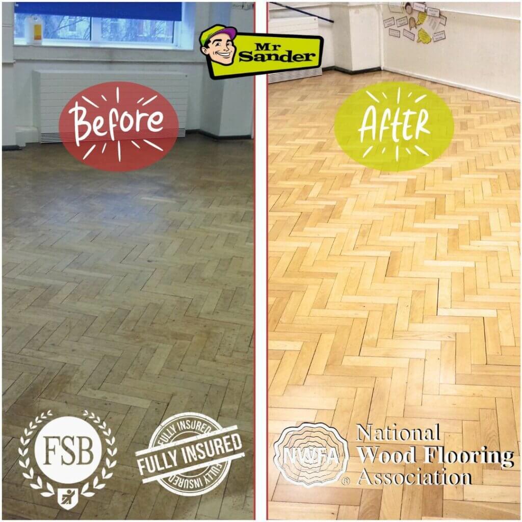 Before and after comparison of a parquet wooden floor in Bermondsey, UK, showing the results of floor sanding and refinishing by Mr. Sander®.