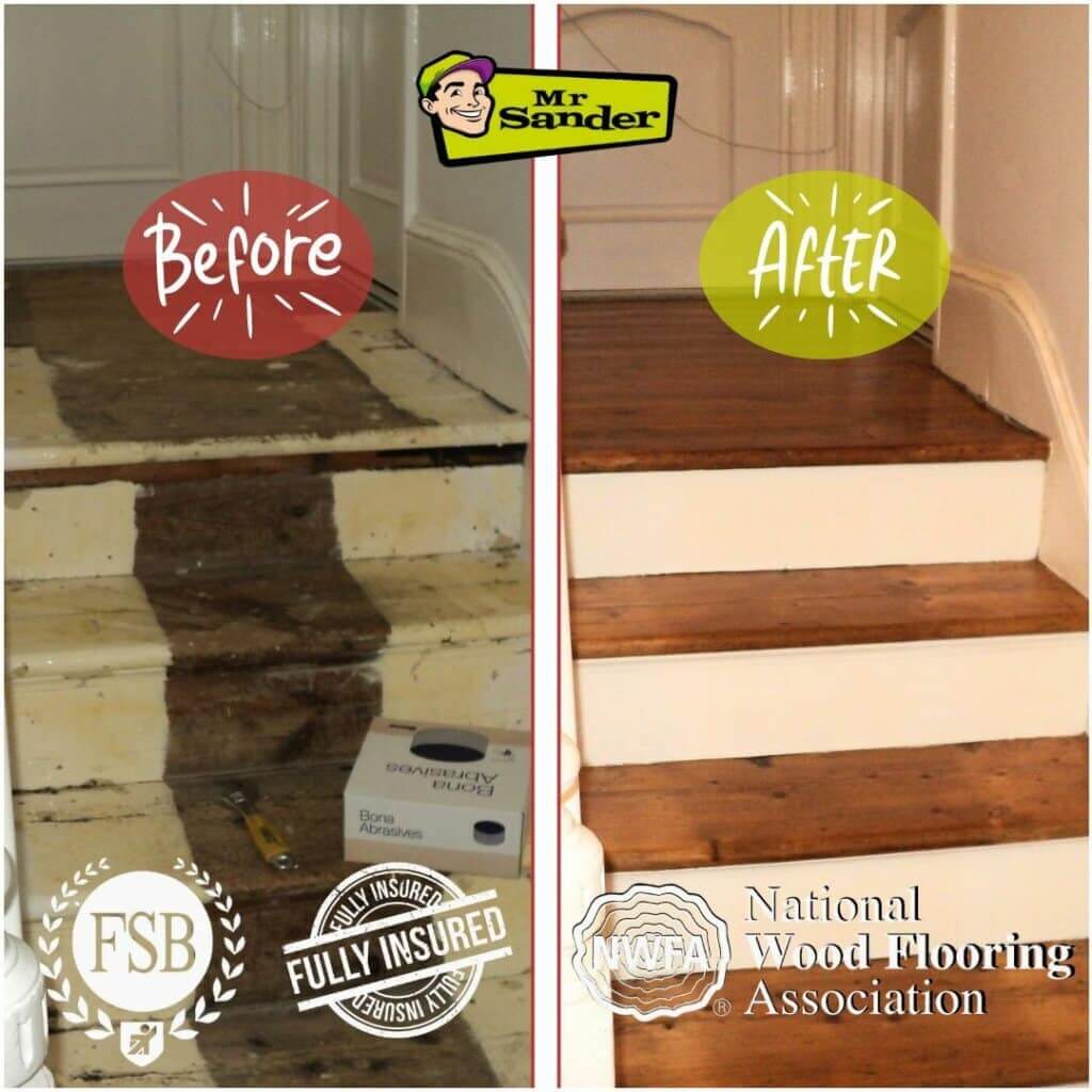 Before and after comparison of wooden stairs in Hanwell, UK, showing the results of floor sanding and refinishing by Mr. Sander®.