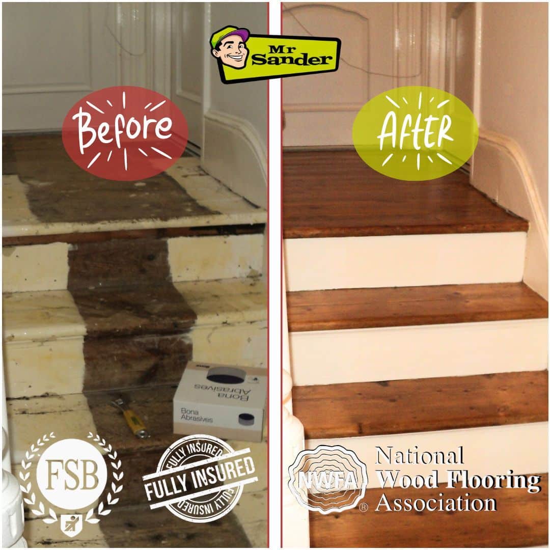 Before and after image of wooden staircase sanding and refinishing done by Mr Sander® in Streatham, UK. The left side shows a heavily worn and damaged staircase with exposed wood and paint, while the right side displays a restored staircase with polished wooden steps and freshly painted white risers. The image includes logos of FSB, Fully Insured, and National Wood Flooring Association.