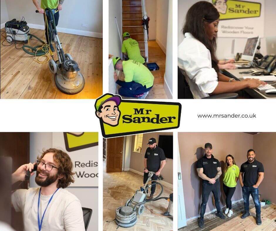 A collage showcasing various aspects of floor sanding and refinishing services by Mr Sander®. The images include professionals operating sanding machines, staff working in the office, and the Mr Sander® team posing together. The Mr Sander® logo and website (www.mrsander.co.uk) are prominently displayed.