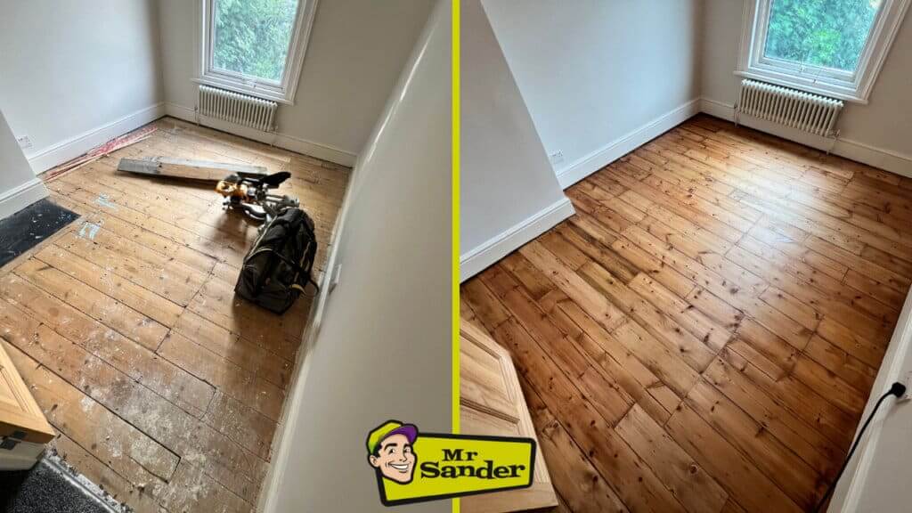 Before and after images of a room with wooden floors being sanded and refinished, showing the transformation from rough, unfinished boards to polished, smooth wooden flooring.