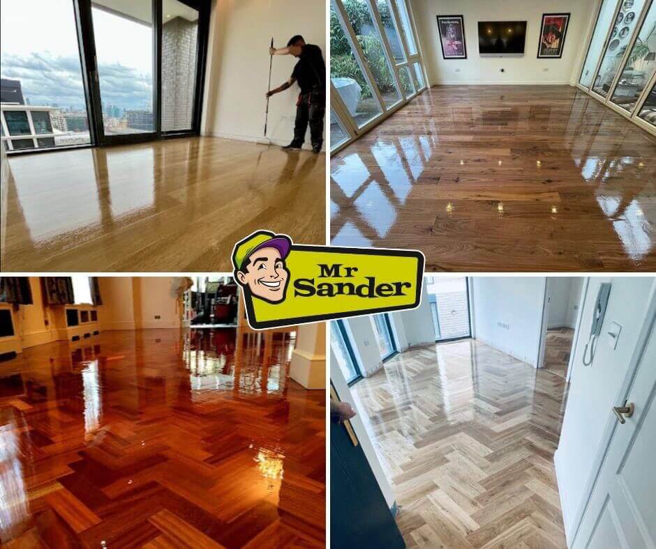 A collage of four images showcasing floor sanding and refinishing projects done by Mr Sander®. The top left image shows a man applying a finish to a wooden floor in a high-rise apartment. The top right image displays a beautifully polished wooden floor in a living room with large windows and wall art. The bottom left image shows a shiny, refinished parquet floor in a richly decorated room. The bottom right image features a bright, refinished herringbone pattern floor in a modern apartment. The Mr Sander® logo is prominently displayed in the center.