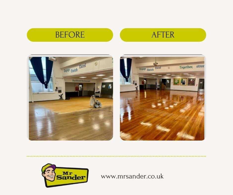 A before and after comparison of a wooden floor sanding and refinishing project in a large room done by Mr Sander®. The left image shows the floor before refinishing, looking dull and worn with sanding equipment in the background. The right image displays the same floor after refinishing, showcasing a shiny, polished surface. The room has blue curtains, motivational words on the walls, and various decorations. The Mr Sander® logo and website, www.mrsander.co.uk, are displayed at the bottom.