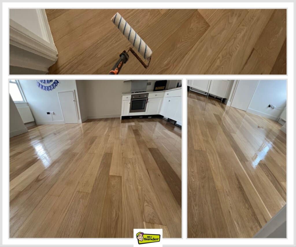 Three-part collage showing the process and final result of a wooden floor refinishing project in a kitchen area. The top image captures a roller applying a finish to sanded wooden planks, while the bottom images display the completed floor with a sleek, shiny surface. The project was professionally done by Mr Sander®.
