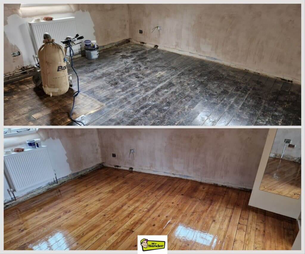 Before and after image showing a room with wooden floorboards undergoing a dramatic transformation. The top image shows a dusty, dark, and worn-out floor during the sanding process, while the bottom image reveals a newly sanded and refinished wooden floor with a smooth, glossy finish. The transformation was completed by Mr Sander®.
