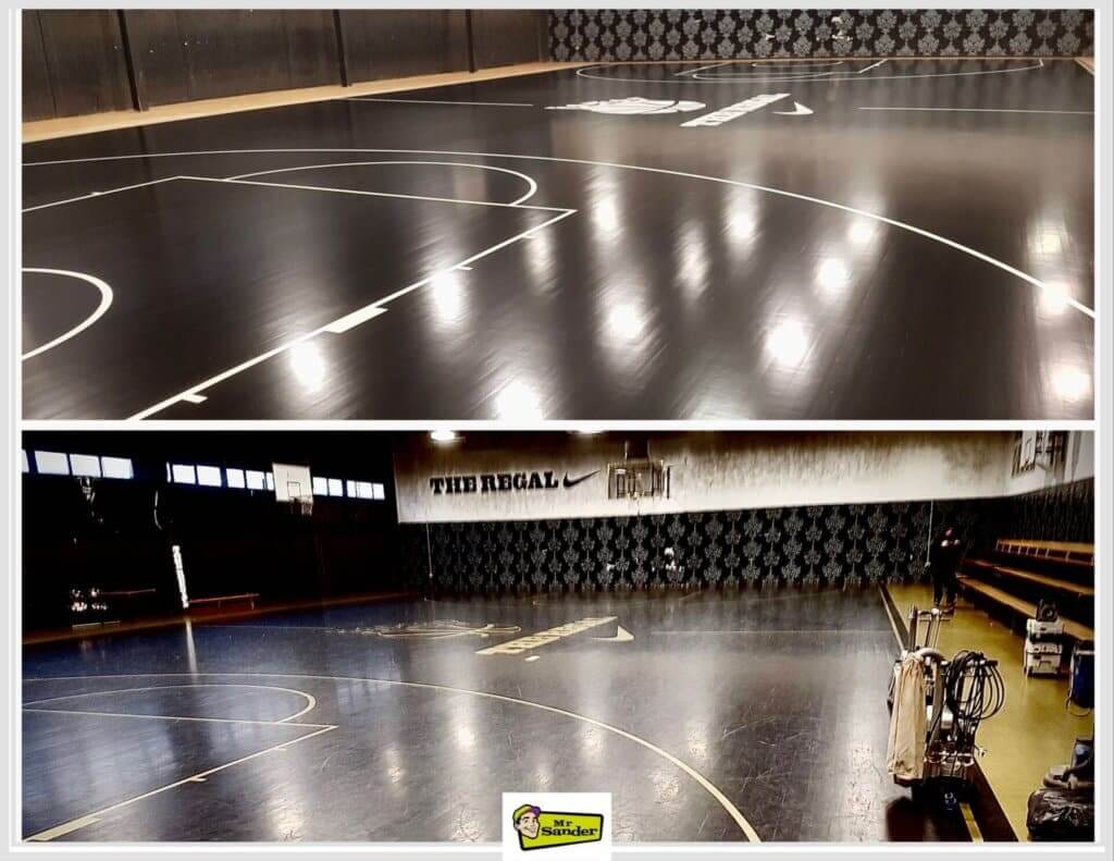 Before and after image of a basketball court floor refinishing project. The top image shows a freshly sanded and refinished black court with clear white lines and logos. The bottom image captures the court in progress, with sanding equipment visible and the previous worn surface before restoration. The project was completed by Mr Sander®.