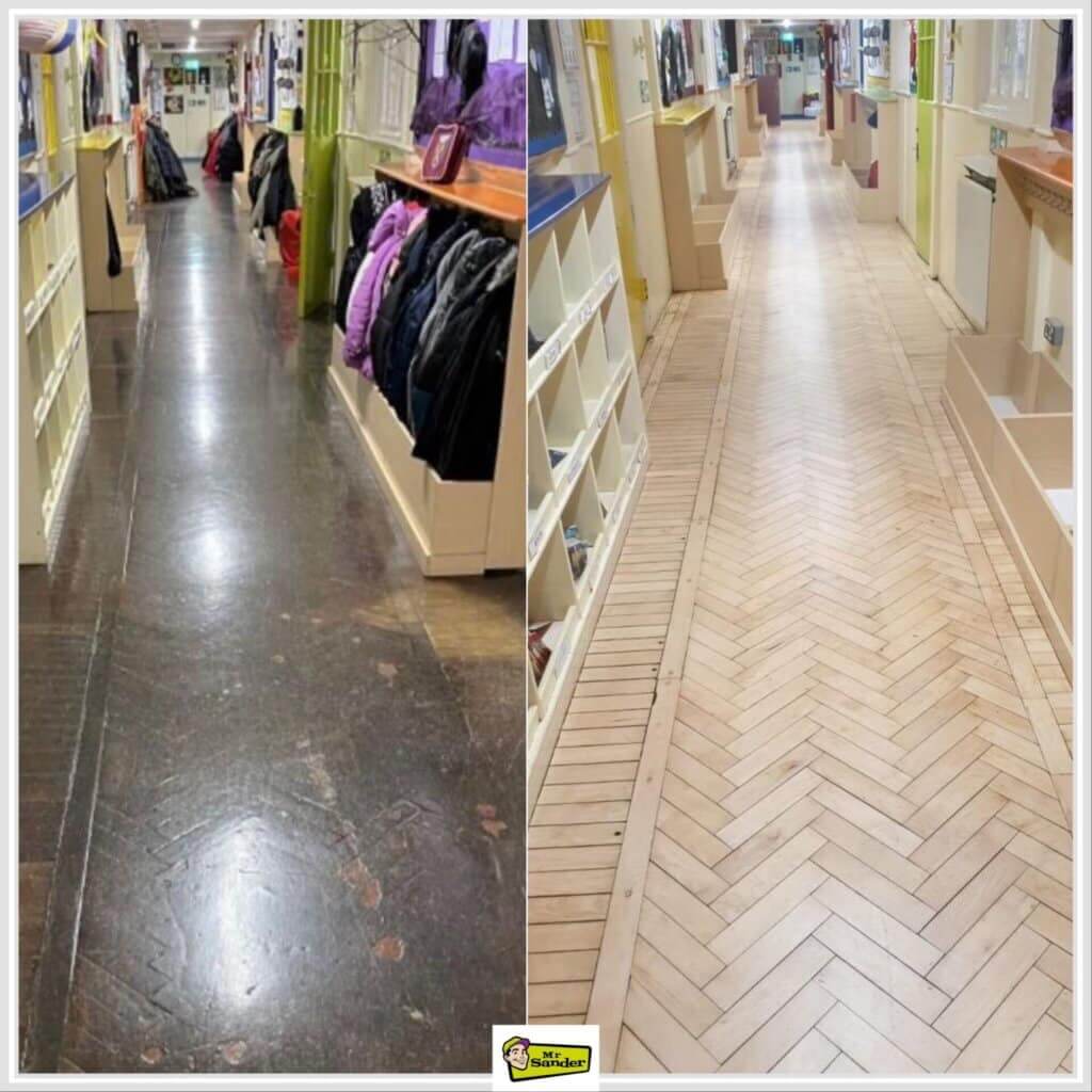 A fully restored school hallway with polished wooden floors.