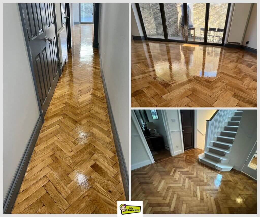 A collage showing a beautifully sanded and refinished herringbone parquet wood floor in different areas of a home. The left image shows a hallway with polished parquet flooring, leading to an open space. The top-right image showcases a living room with large glass doors, where the floor's glossy surface reflects the light. The bottom-right image highlights the same herringbone floor near a staircase. The wood's natural grain and intricate pattern are brought to life through a high-gloss finish, with the Mr. Sander® logo in the center bottom of the collage.